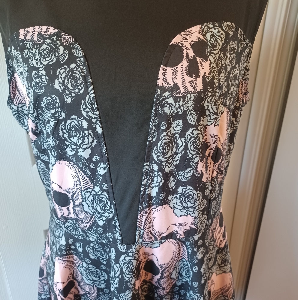 Pink and Black Skull Goth Print Fit & Flair Dress L